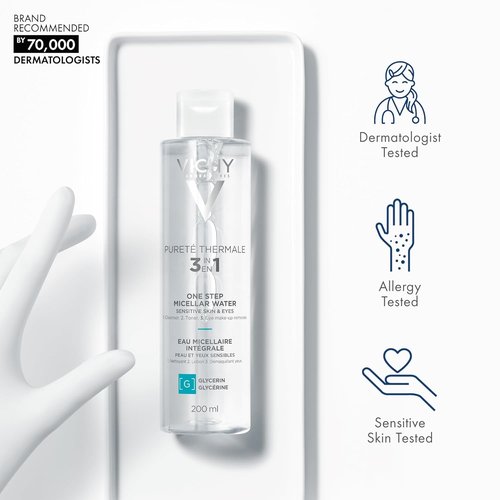 Vichy Pureté Thermale Micellar Water - Gentle Makeup Remover & Hydrating Toner with Vitamin B5 | No Rinse Needed