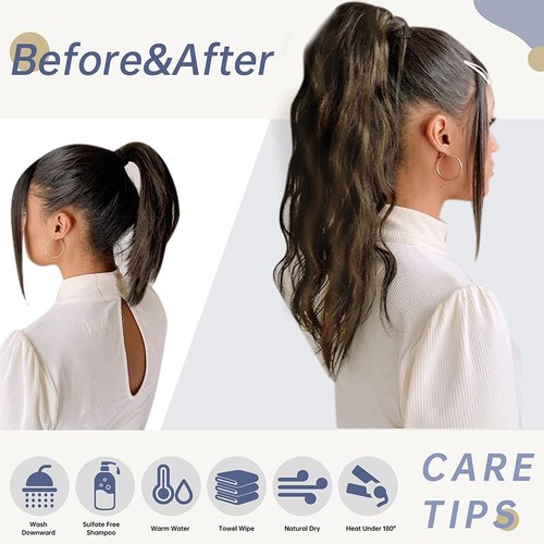 LaaVoo Ponytail Extension Human Hair Brown Ombre Ponytail Extensions for Women Balayage Darkest Brown to Light Brown Pony Tails Hair Extensions Real Humen Hair Short Straight 12 Inch 75g