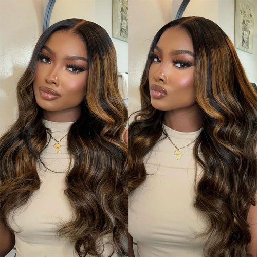 goodear 13x6 Lace Frontal Brown Highlight Wig for Women, Long Wavy Lace Hairline Middle Part Synthetic Heat Resistant Wig for Daily Party - 24 Inch