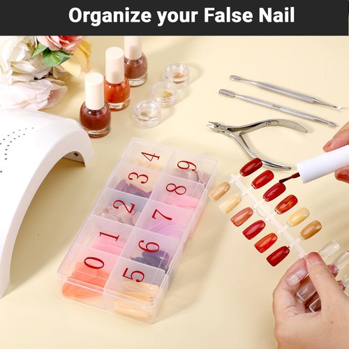 Cosics Acrylic Fake Nail Organizer Case, 2PCS 10-Compartment Nail Tip Storage Box with Number, 10 Space Rhinestone Nail Art Accessories Container, Clear Plastic Nail Box for Jewelry Charms Gem Vitamin