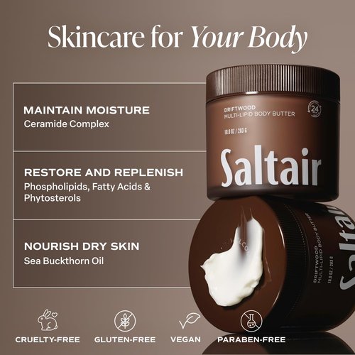 Saltair Multi-Lipid Body Butter - 24-Hour Hydrating Moisture for Soft Skin & Barrier Support - 10oz Driftwood