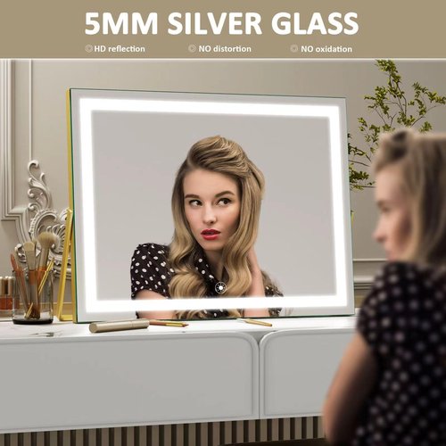 Gvnkvn Vanity Mirror with Lights, 15"× 11" LED Makeup Mirror, Lighted Makeup Mirror with Lights, Smart Touch Control Dimmable 3 Modes Light 360°Rotation Gold