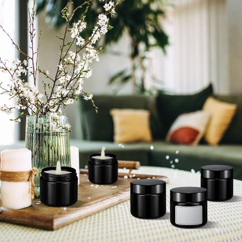 Layhit 60 Pcs 2 oz Glass Jars with Lids Bulk, Small Jars Containers Travel Storage Jar with Inner Liners Labels for Candle Scrubs, Lotions, Cream, Lip Balm (Black,Black Lid)