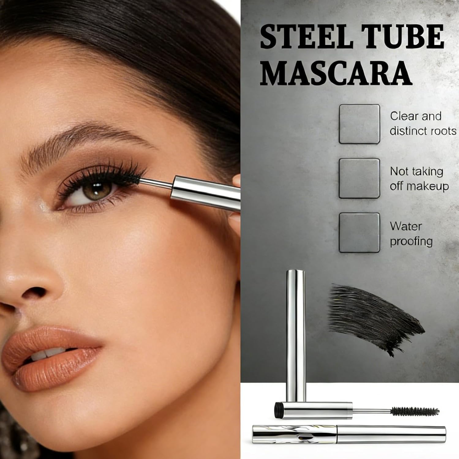 Upgraded Iron Metal Wand Mascara - Waterproof, Long-Lasting 3D Curling Formula | Smudge-Proof & Flake-Free (Black)