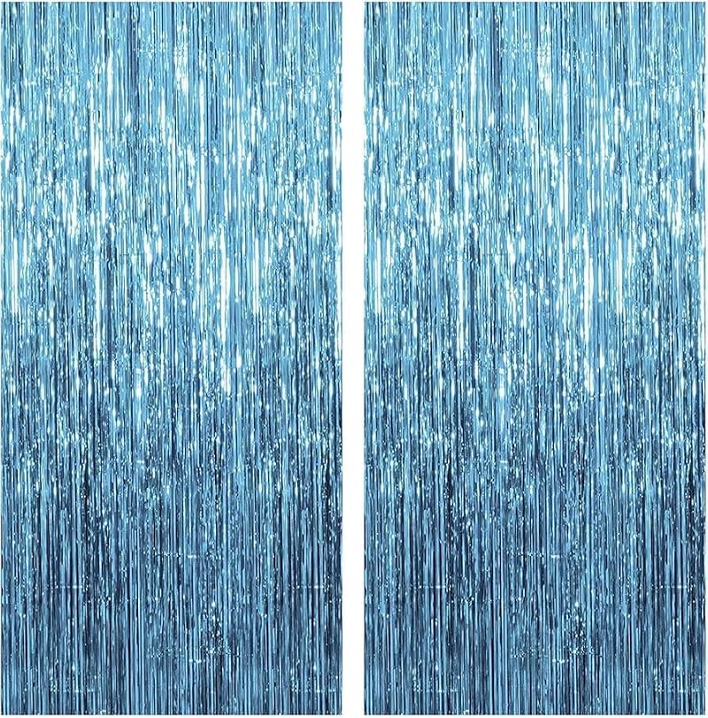 Sky Blue Metallic Foil Fringe Curtain Backdrop 3.28 x 6.56 ft 2-Pack Party Decorations