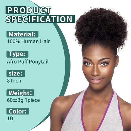 SPIKFN Afro Puff Clip On Human hair Drawstring Ponytail for Black Women,Ponytail Extension 8 Inch #1B Natural Black 60g Short Afro Kinkys Curly Afro Bun Extension Hairpiece