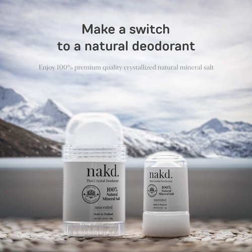 nakd. Thai Crystal Deodorant Stone – 2 Salt Crystal Deodorant Sticks, 4.25 oz. Regular + 2.5 oz. Travel Size – All Natural Unscented and Aluminum Free for Women & Men