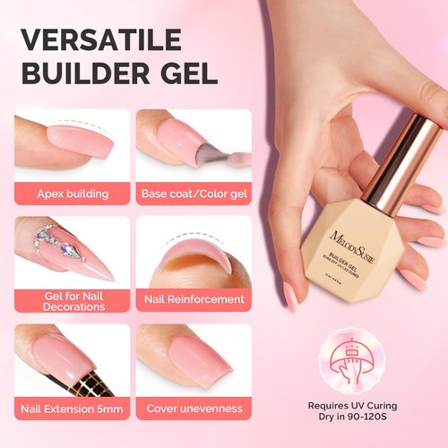 MelodySusie Builder Gel Nail Set for Nails Thickening,6 Colors 15ML Nude Pink Base Colors Clear Rubber Base Gel Polish,Soak Off UV Extension,Rhinestone Nail Glue in a Bottle Gift for Women