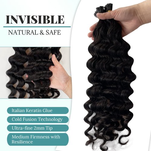 I Tip Human Hair Extensions, Natural Black Pre Bonded Micro Links Real Human Hair Extensions for Black Women Deep Wave Curly Itips Hair 22 Inch 0.5g/Strand 50g