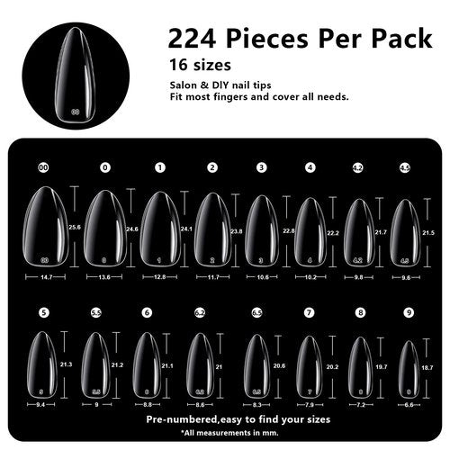BETE Medium Almond Clear Acrylic Nail Tips–224Pcs 16 Sizes with Half Sizes, Tipex Instant Apex Full Cover False Nails, Pre-Shaped Strong Thick Press On Nails for Home & DIY Manicure