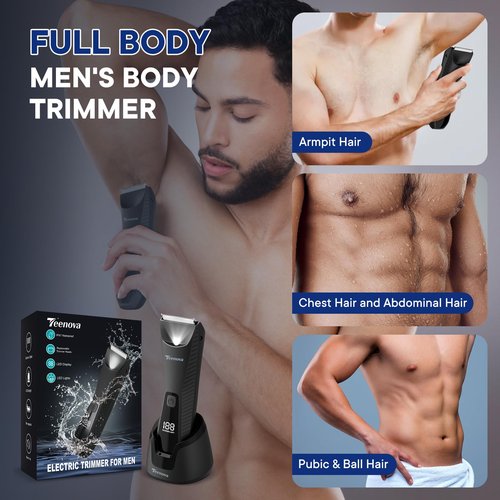 TEENOVA Pubic & Body Hair Trimmer for Men, 2 In 1 Electric Ball Groin Razor Shaver with Ceramic Blade, No Nick Mens Grooming Kit for Wet/Dry Use, Cordless Charging Body Groomer with Led Display, Black