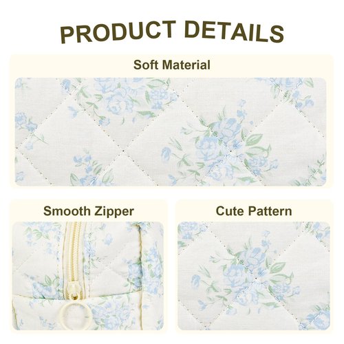 Quilted Makeup Bag Floral Cotton Make up Bag Puffy Coquette Makeup pouch Aesthetic Cute Travel Toiletry Bag for Women Girls
