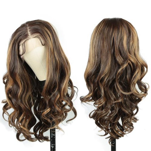 goodear 13x6 Lace Frontal Brown Highlight Wig for Women, Long Wavy Lace Hairline Middle Part Synthetic Heat Resistant Wig for Daily Party - 24 Inch