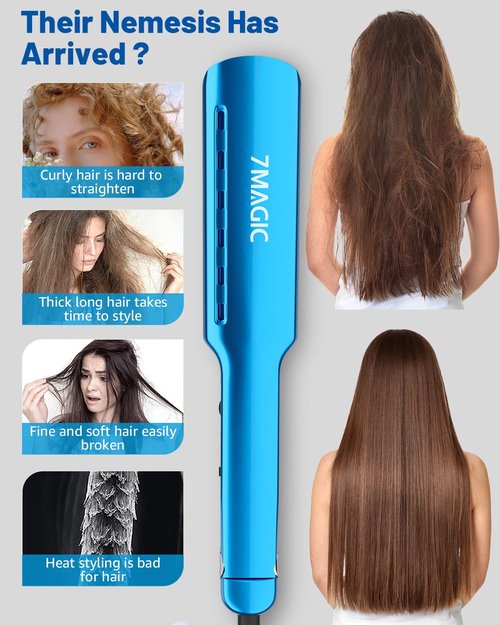 7MAGIC Nano Titanium Wide Flat Iron - Fast Heating 15s for Thick Hair | Smooth & Sleek Results, Blue