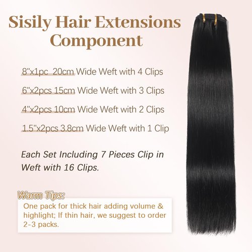 Sisily Clip in Hair Extensions Real Human Hair,18 inch 70g, Natural Straight Human Hair Clip in Extensions for Black Woman, Soft Straight 7pcs Per Set with 16 Clips