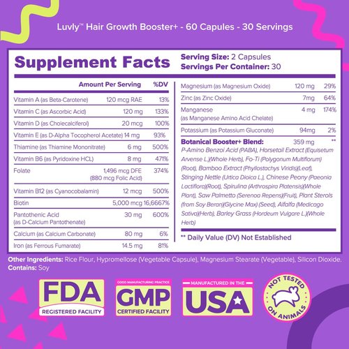 Luvly Hair Growth Booster+ Natural Hair Growth Vitamins for Women with Thinning Hair - Biotin & Vitamin Supplements with Plant Based Complex for Thickening, Longer, Stronger Hair Skin Nails - Non-GMO