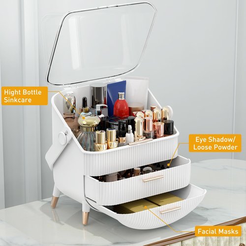 Sansixzero Makeup Organizer with Transparent Lid & 2 Drawers – Large Capacity Cosmetic Skincare Storage Box for Bathroom Vanity, Countertop, Bedroom – Portable and Dustproof, White (11"x7"x14")