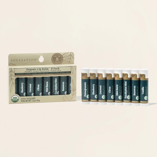 Soulsation Organic Lip Balm Set, 8 Flavors - Hydrating for Cracked & Dry Lips, For Men & Women, Enriched with Vitamin E