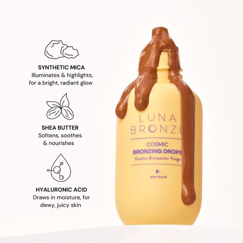 Luna Bronze Cosmic Bronzing Drops | Lightweight, Hydrating & Washable Liquid Bronze Drops | Non-Greasy Formula Enriched with Sodium Hyaluronate & Shea Butter | Responsible Mica (30ml/1.01 fl. oz)