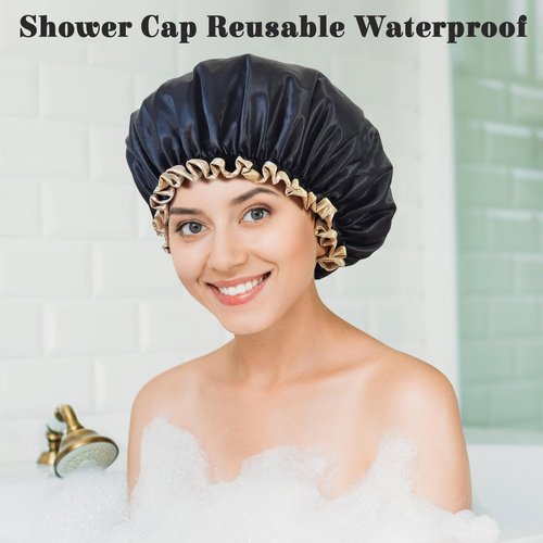 choshion Shower Cap Reusable Waterproof, Large Shower Cap for Women, Shower Caps for Braids Long Hair, Double Layer Satin Plastic Hair Cap for Shower