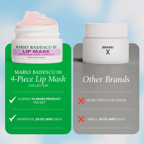 Mario Badescu Lip Mask Collection Gift Set – 4 Pc Hydrating Lip Masks for Dry Lips in Acai Vanilla, Watermelon Basil, Coconut Mango & Pomegranate Guava – Overnight Moisture & Nourishing Care