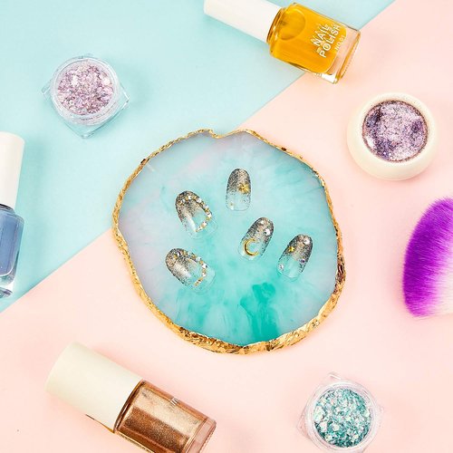 Blulu 18 Pcs Nail Art Brushes Tools,3 Pcs Resin Nail Art Palette with 15 Brushes Gold Edge Polish Mixing Palette Equipment Set for DIY Home Salon Makeup Display Board