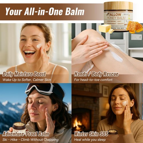 Jeirrzi Organic Beef Tallow for Skin, 100% Grass-Fed Tallow and Honey Balm for Face Body Moisturizer for Aging Dry Sensitive Skin, Deep Hydration & Nourishment 2 OZ