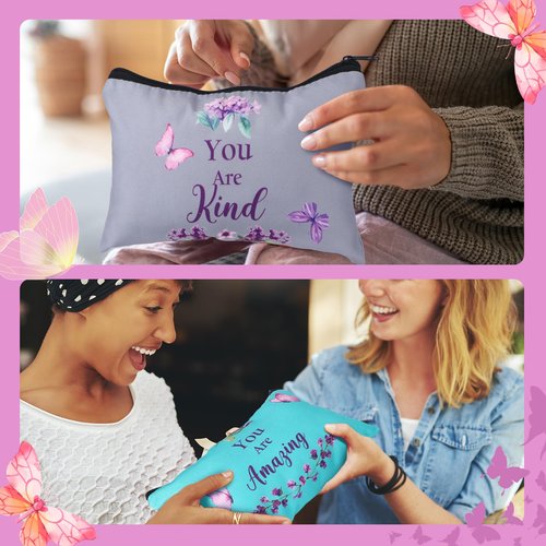 Shinylin 10 Pcs Inspirational Gifts Bulk for Women Mother's Day Canvas Makeup Bags with Zipper for Women ''you Are'' Inspirational Purple Butterfly Toiletry Cosmetic Pouches for Women's Party Favors