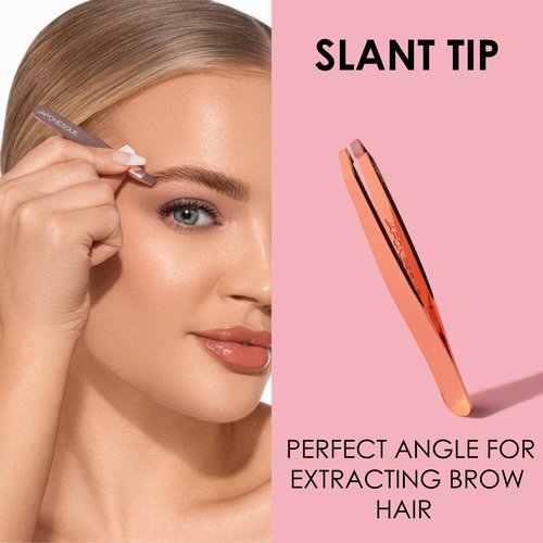 JAPONESQUE Pointed-Slant & Slant Tweezers, 2 Pack for Eyebrow Grooming, Facial Hair Removal, Rose Gold and Black, Stainless Steel