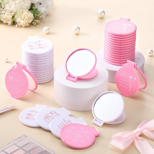 Namalu 36 Pcs Pink Bow Coquette Mini Bible Verse Compact Mirrors Inspirational Christian Wedding Gifts Bulk Women Travel Round Pocket Makeup Mirror Religious Gift for Purse Church Party Favors