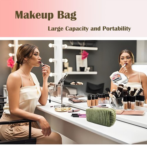 Kornnapa Cosmetic Bag for Purse, Corduroy Makeup Bag for Women Toiletry Bag Small Travel Make up Bag Cute Makeup Bags Skincare Bag Make up Pouch Organizer, Green