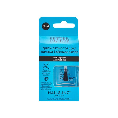 Nails Inc Better On Top, With Peptides, Glossy, Top Coat, High Shine, No Chip, Long Lasting, Quick Dry, Air Dry, Professional Manicure & Pedicure, Fingernails & Toenails, Vegan Nail Polish, 0.47 Fl Oz