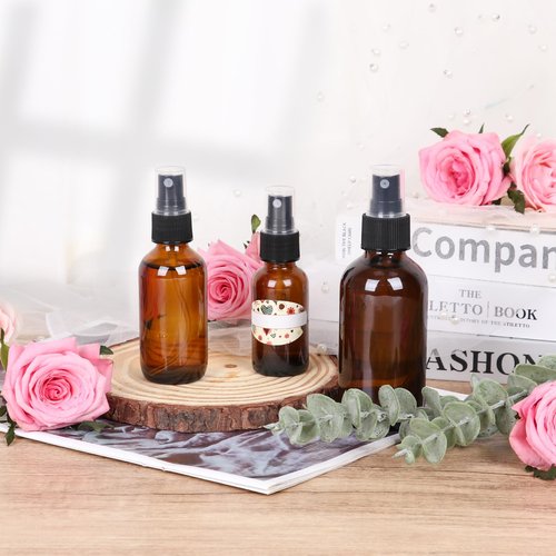EkkoVla 24 Pack 1 oz Amber Spray Bottles with Fine Mist Sprayer, 30 ml Glass Travel Bottles for Cosmetic Essential Oils Cleaning Solutions Perfumes and Liquids