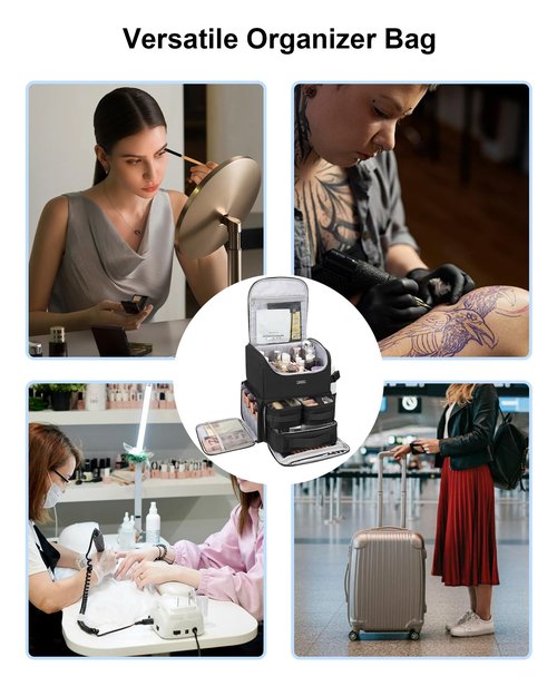 Relavel Makeup Backpack Large Makeup Bag with 3 Clear Set Bags, Dual Layer Professional Cosmetic Organizer Travel Train Case Makeup Artist Kit with Adjustable Dividers & Easy to Clean Lining, Black