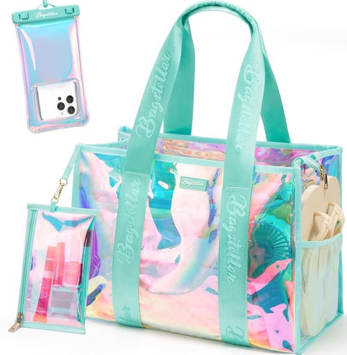Bagstellar Iridescent Beach Tote Bag - Large Waterproof & Sandproof with Makeup Pouch | Adjustable Strap, Packable Travel Essential for Women