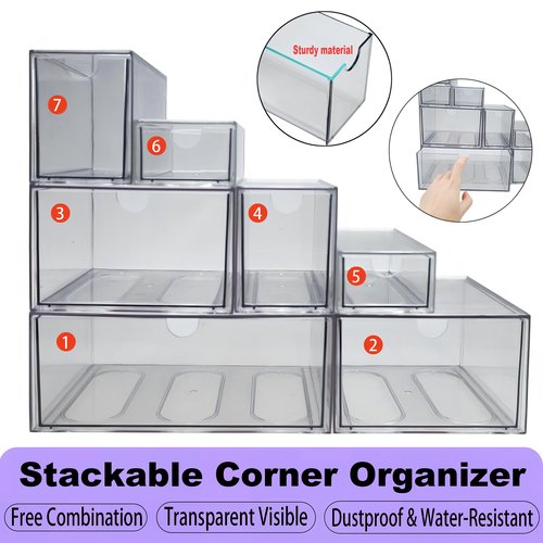 MINIBIGBOX 7 Pack Stackable Storage Drawers Acrylic Bathroom Makeup Organizer Clear Plastic Storage Bins for Makeup,Vanity,Pantry,Desk,Undersink,Kitchen