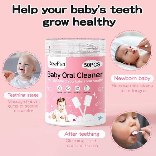 RoseFish 50Pcs Baby Tongue Cleaner for 0-36 Month No Glue Disposable Baby Mouth Oral Cleaner Infant Toothbrush Gum Cleaner 3D Soft Infant Tongue Cleaner+1PCS Finger Toothbrush
