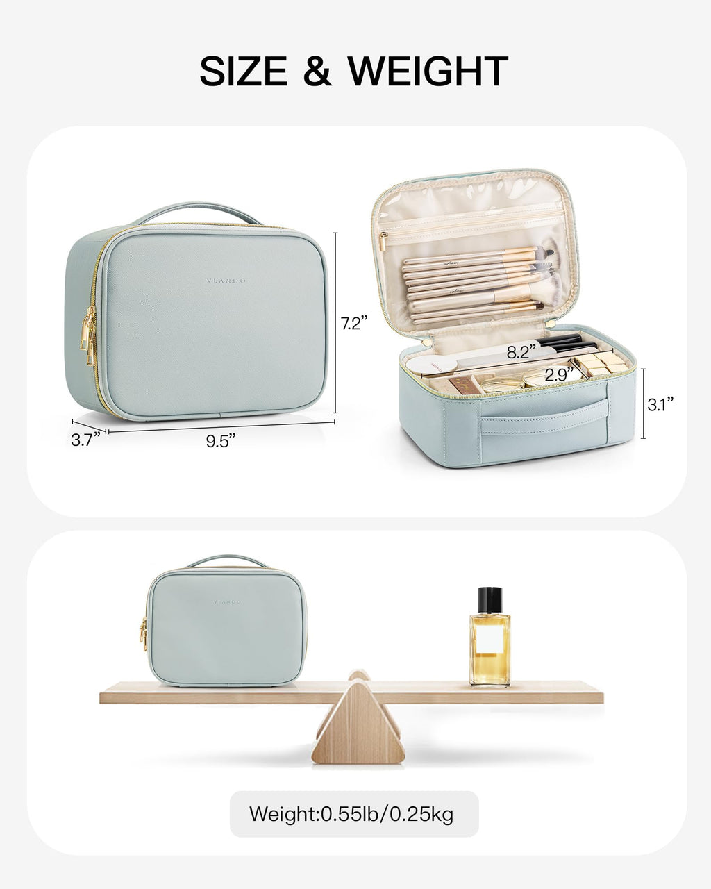 VLANDO Travel Makeup Bag,Portable Cosmetic Bag Makeup Case Organizer, Makeup Bag with Adjustable Dividers for Women,Girls,Wedding,Cosmetic Brushes,Toiletry,Gifts,Anniversary-Blue