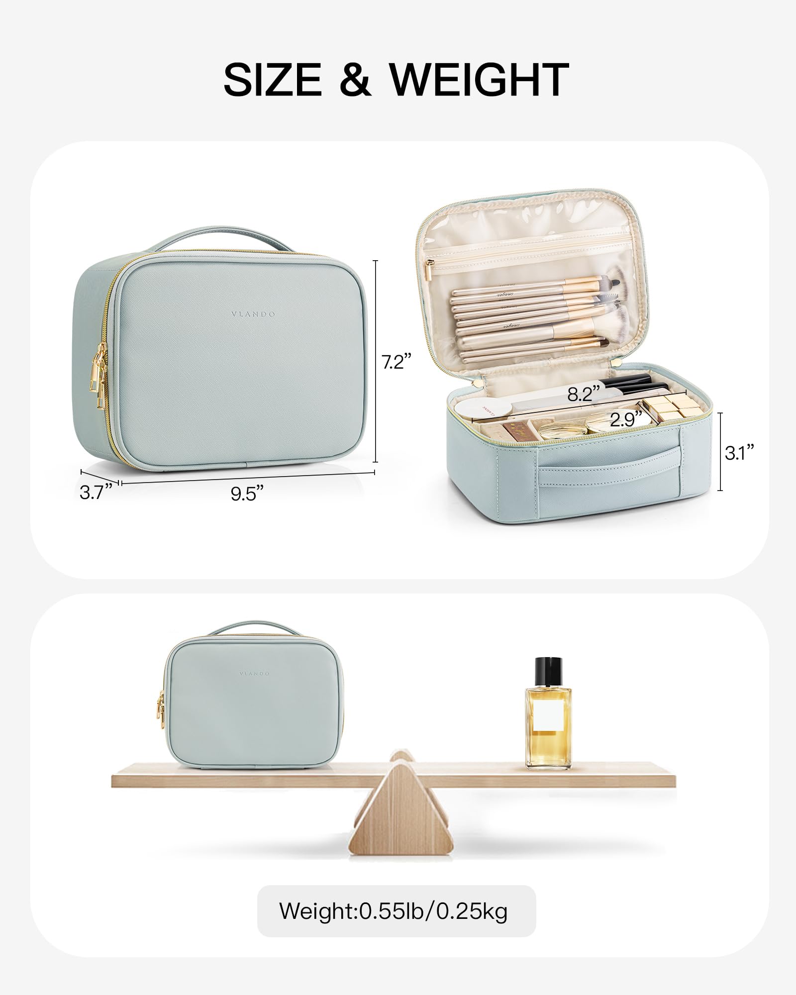 VLANDO Travel Makeup Bag,Portable Cosmetic Bag Makeup Case Organizer, Makeup Bag with Adjustable Dividers for Women,Girls,Wedding,Cosmetic Brushes,Toiletry,Gifts,Anniversary-Blue