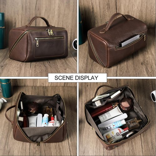 CONTACTS Full Grain Leather Travel Toiletry Bag for Men Large Wash Bag with Handle Bathroom Shaving Dopp Kit Toiletries Organizer Vintage Cosmetic Bag