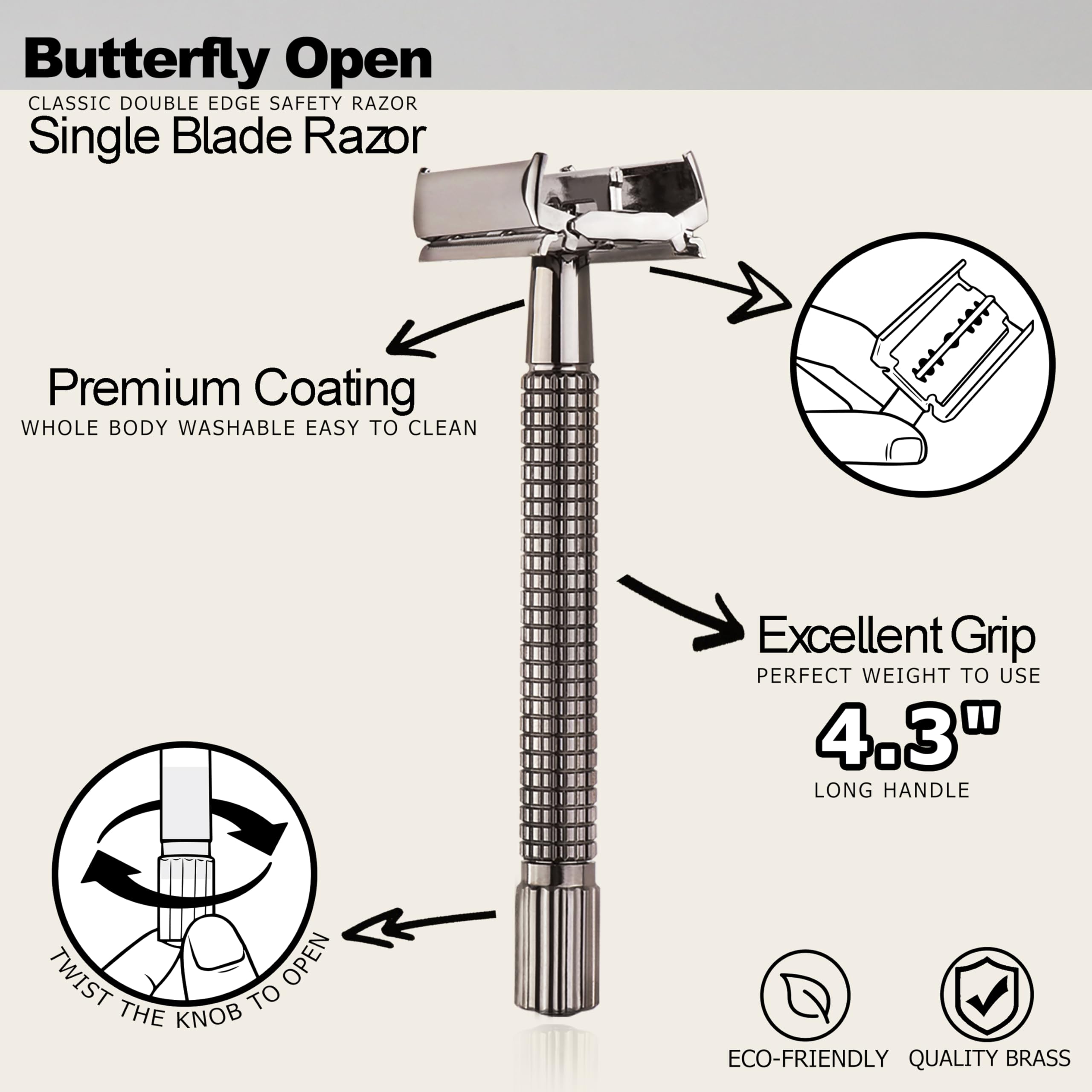 WEISHI Butterfly Open Double Edge Safety Razor for Men, Nostalgic Long Handle with 5 Stainless Razor Blades, Reusable Wet Shave Tool for Smooth, Close Shave
