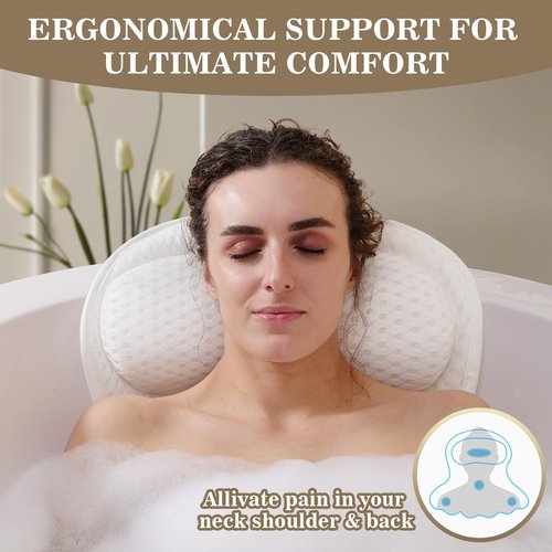 Bath Pillow Luxury Bathtub Pillow, Extra Soft & Comfortable Bath Pillows for Tub Head Neck and Back Support, with 4D Air Mesh Cushions & Non-Slip Suction Cups - Bath Accessories Spa Gifts for Women