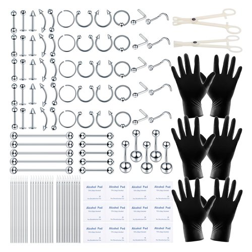 ChiMunllin 120PCS Body Piercing Kit Surgical Steel 14G 16G 20G BCR CBR Labret Lip Rings Cartilage Daith Earrings Nose Septum Nose Studs Belly Button Rings Jewelry Needles Gloves Clamps Tools