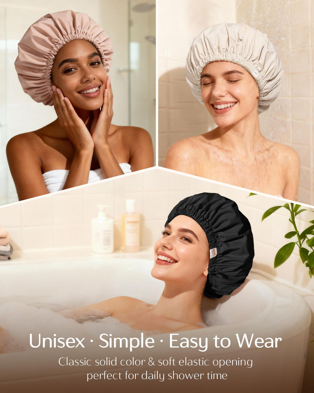 Yanibest Shower Cap for Women Reusable Waterproof,Satin Lined Bath Cap with Soft Elastic Band,Large Washable Hair Caps for Shower