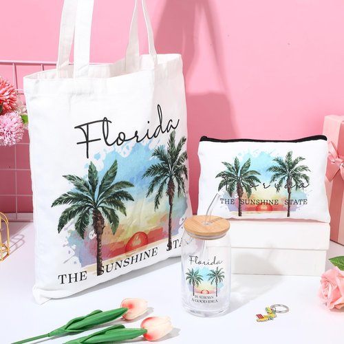 Chuangdi 4 Pcs Florida Travel Gifts Set Canvas Bag Cosmetic bag 16 oz Tumbler and Keychain Florida City Souvenirs for Christmas Traveler Friend Lover Sister Gifts