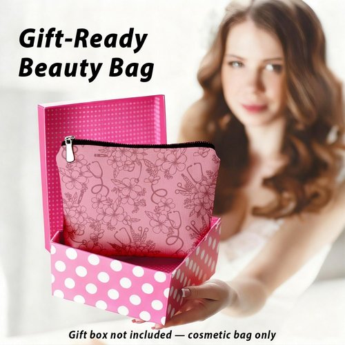 LIANGW Pink Nurse Floral Makeup Bag, Nurse Gifts for Women Cosmetic Bag, Gifts for Nurses Female Women, Nursing Flower Small Toiletry Bags Zipper Makeup Pouch