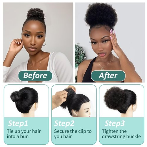 SPIKFN Afro Puff Clip On Human hair Drawstring Ponytail for Black Women,Ponytail Extension 8 Inch #1B Natural Black 60g Short Afro Kinkys Curly Afro Bun Extension Hairpiece