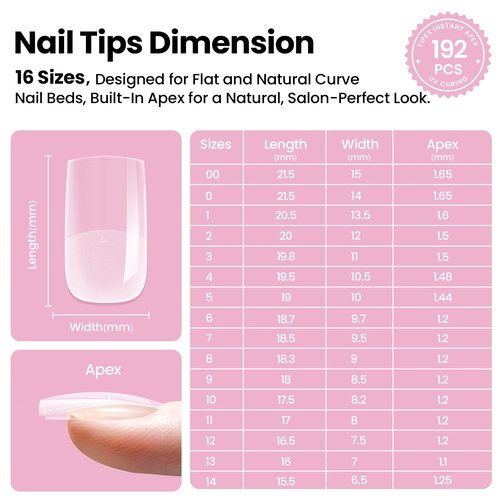 Beetles Tipex Lite Apex Nail Tips Kit, Square Short, 192pcs 16 Sizes,with UV Nail Glue, Base & Top Coat, Mini Nail Lamp, Nail Clipper & Cuticle Nipper,Pre-Building Pre-Etched Acrylic Tips Kit
