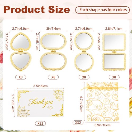 Jetec 32 Sets Compact Mirror Gift for Women, Floral Gold Edge Folding Pocket Makeup Mirror with Gold Organza Bags & Thank You Cards, Mother's Day Ideal Gifts Bulk Presents for Mom, Wife, Bridal Shower
