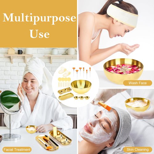 26 Gold Esthetician Supplies 3 Fan Brushes Esthetician 3 Facial Mask Mixing Bowls Large Gold Serving Bowls 3 Facial Flat Brushes Skincare Tray 3-Section Serving Tray 12 Facial Sponges 2 Spa Headbands